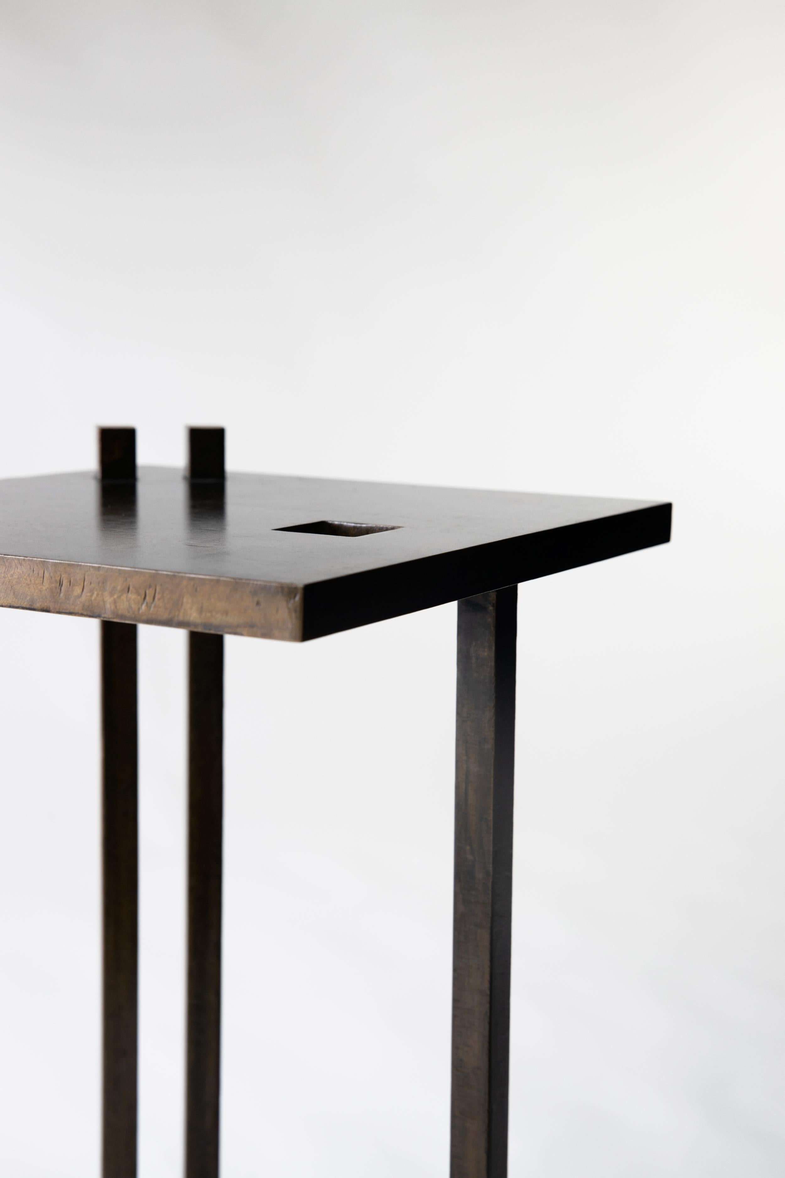 Bronzed Modern/Contemporary Steel Side Table Linear Cutout Protrusion Geometric In New Condition For Sale In Bronx, NY