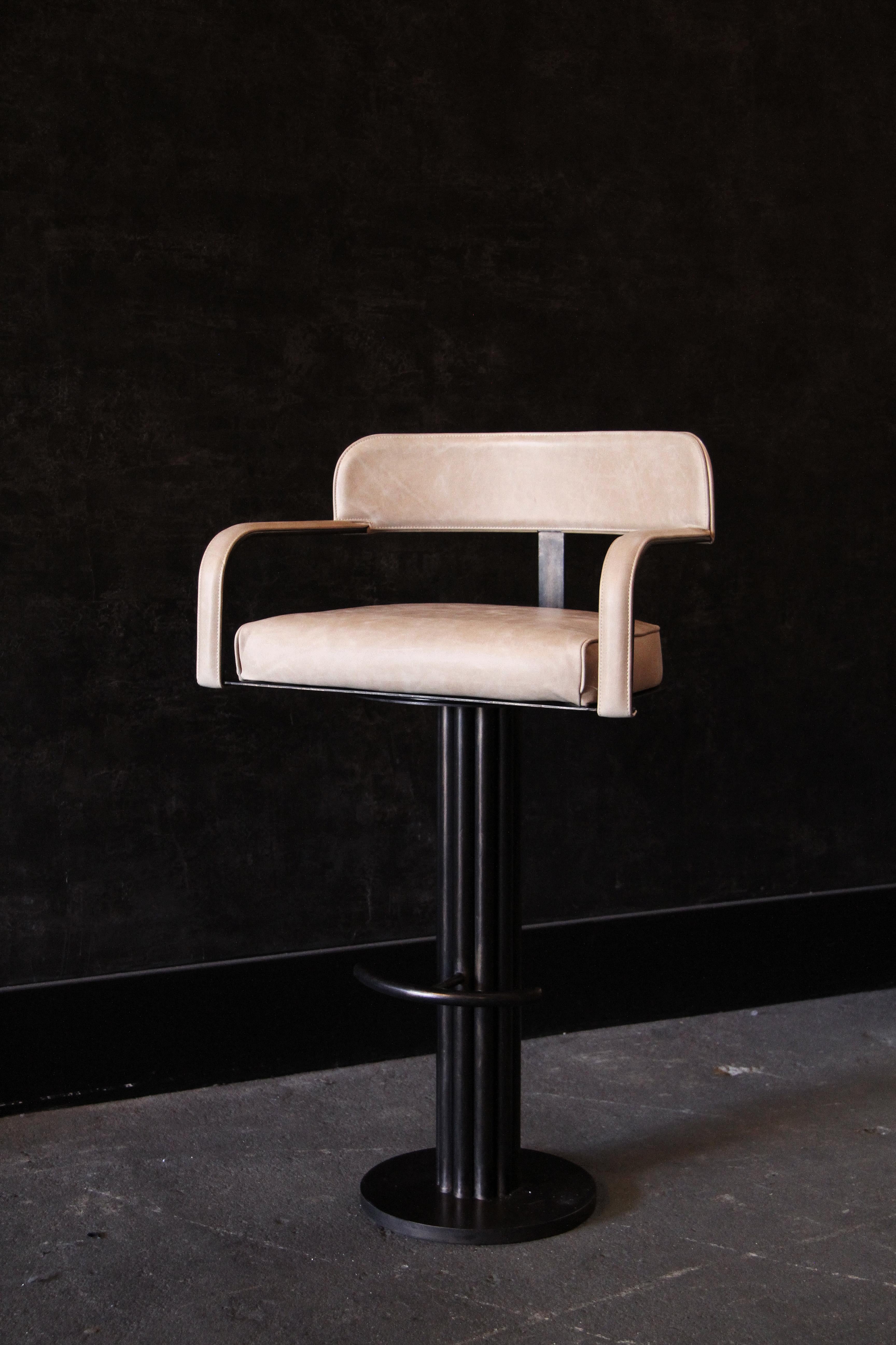 The (wh)ORE HAUS STUDIOS barstools are offered In two, adjustable heights  
 -Counter Height (adjustable from 23-28”) or 
- Bar Height (adjustable from 28-33”). 
 
The  stools are offered in x3 finishes- Blackened Steel, Bronze Rubbed Steel and