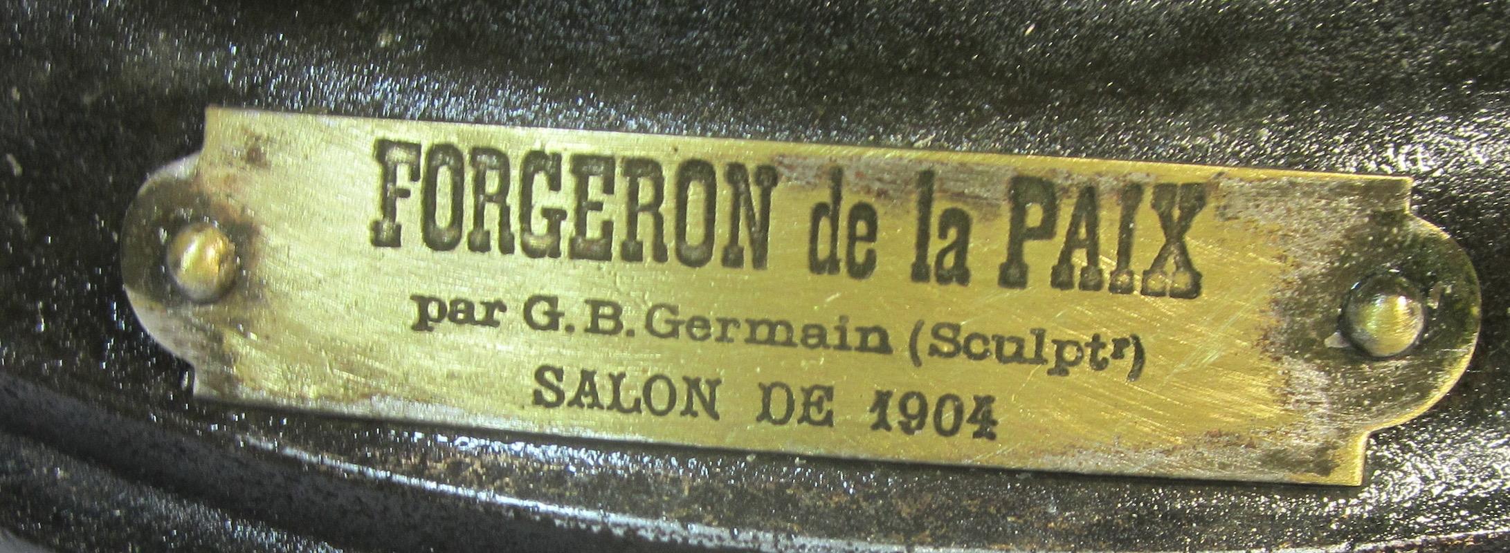 Bronzed spelter figure
The Forger of Peace (Forgeron de la Paix)-
Jean Baptiste Germain Sculptor
France, 1905,
Weighs 10kg.
