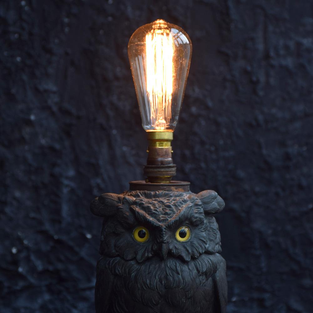 Bronzed spelter lamp in the form of an owl circa 1876
We are proud to offer a rare bronzed spelter 19th century rewired great horned owl lamp, originally produced by The Craighead & Kintz Company in America. With wonderfully cast detail across its
