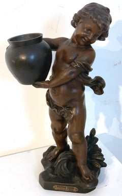 Bronzed Putto Jardinière/ Sculpture, "Bonne Fête" by A.J. Scotte