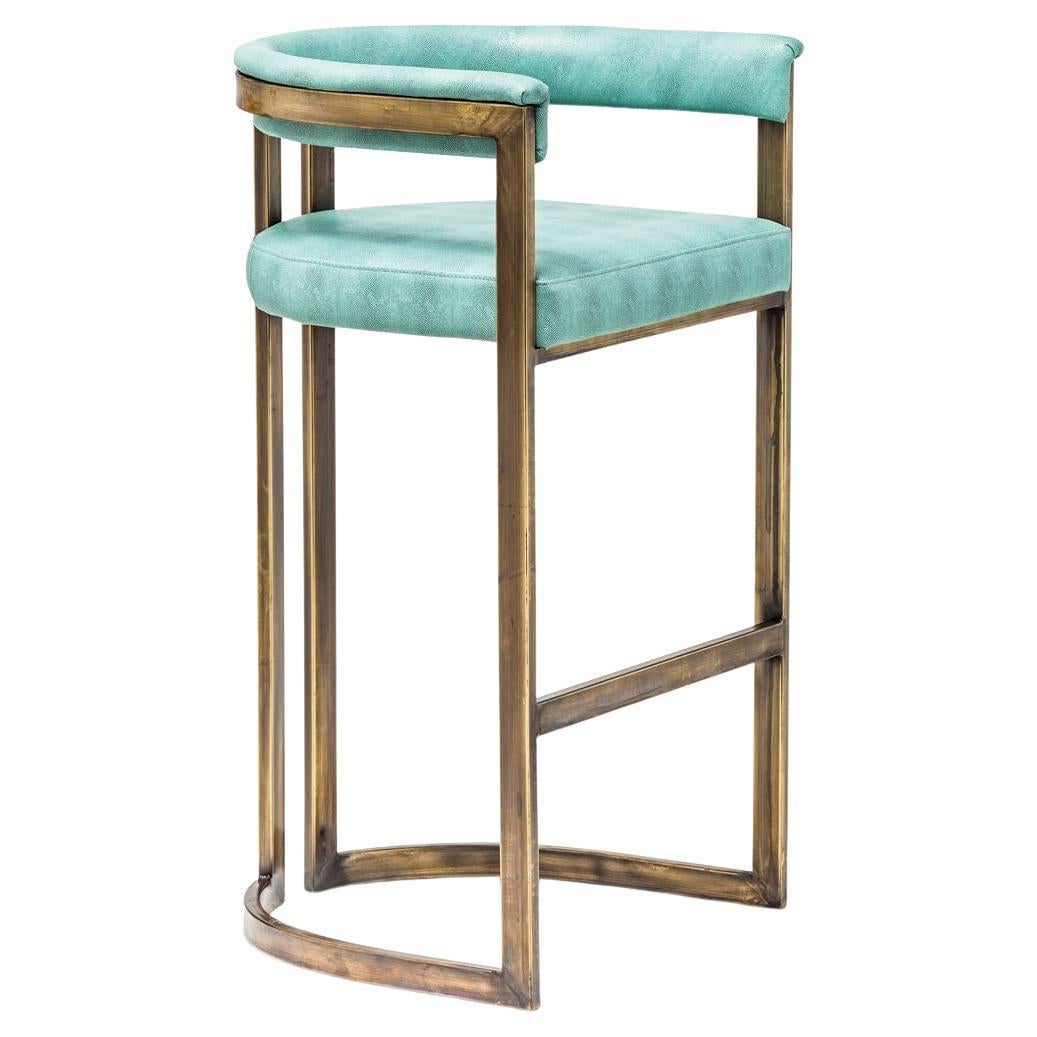 Bronzed Steel Agate Barstool Shagreen vinyl Upholstery Barstool    For Sale