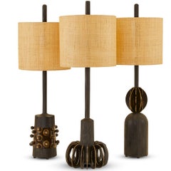 Bronzed Steel, Ebonized Oak & Raffia Silhouette Table Lamp Set of 3