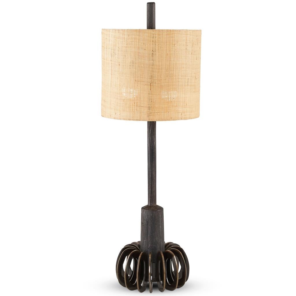 Bronzierter Stahl, Ebonisierte Eiche & Raffia Silhouette Tischlampe 3er Set im Zustand „Neu“ im Angebot in Bothas Hill, KZN