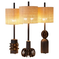 Bronzierter Stahl, Ebonisierte Eiche & Raffia Silhouette Tischlampe 3er Set
