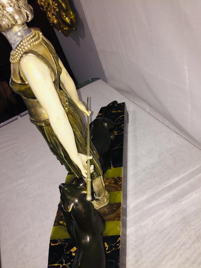 Bronze, Metal, Marble French Art Deco Sculpture Tamer of Panthers Signed Carvin For Sale at 1stdibs