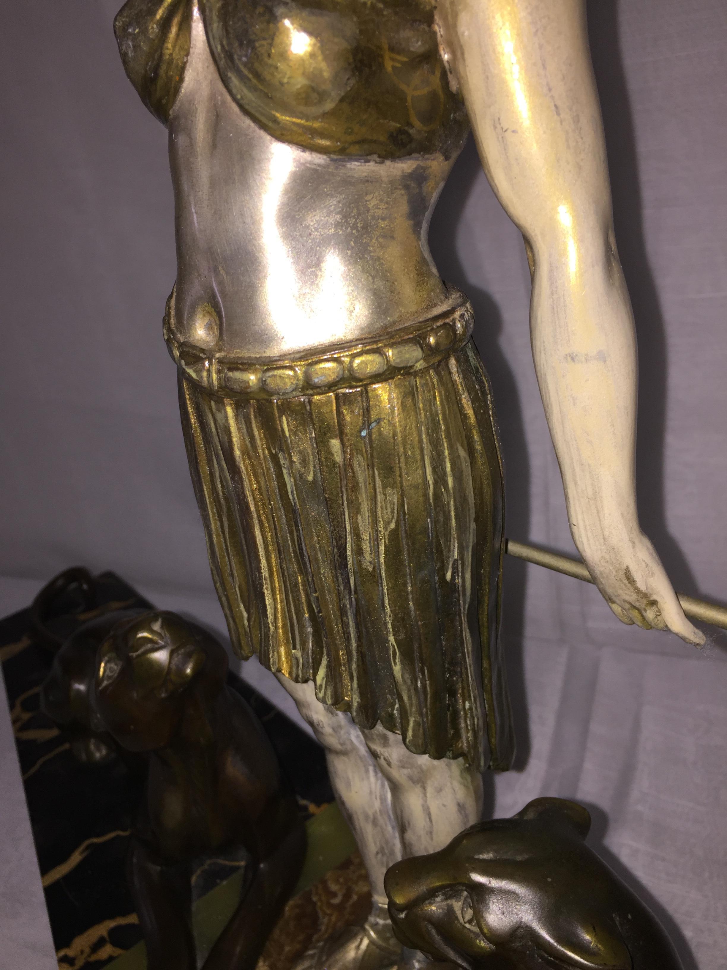 Bronze, Metal, Marble French Art Deco Sculpture Tamer of Panthers Signed Carvin 8