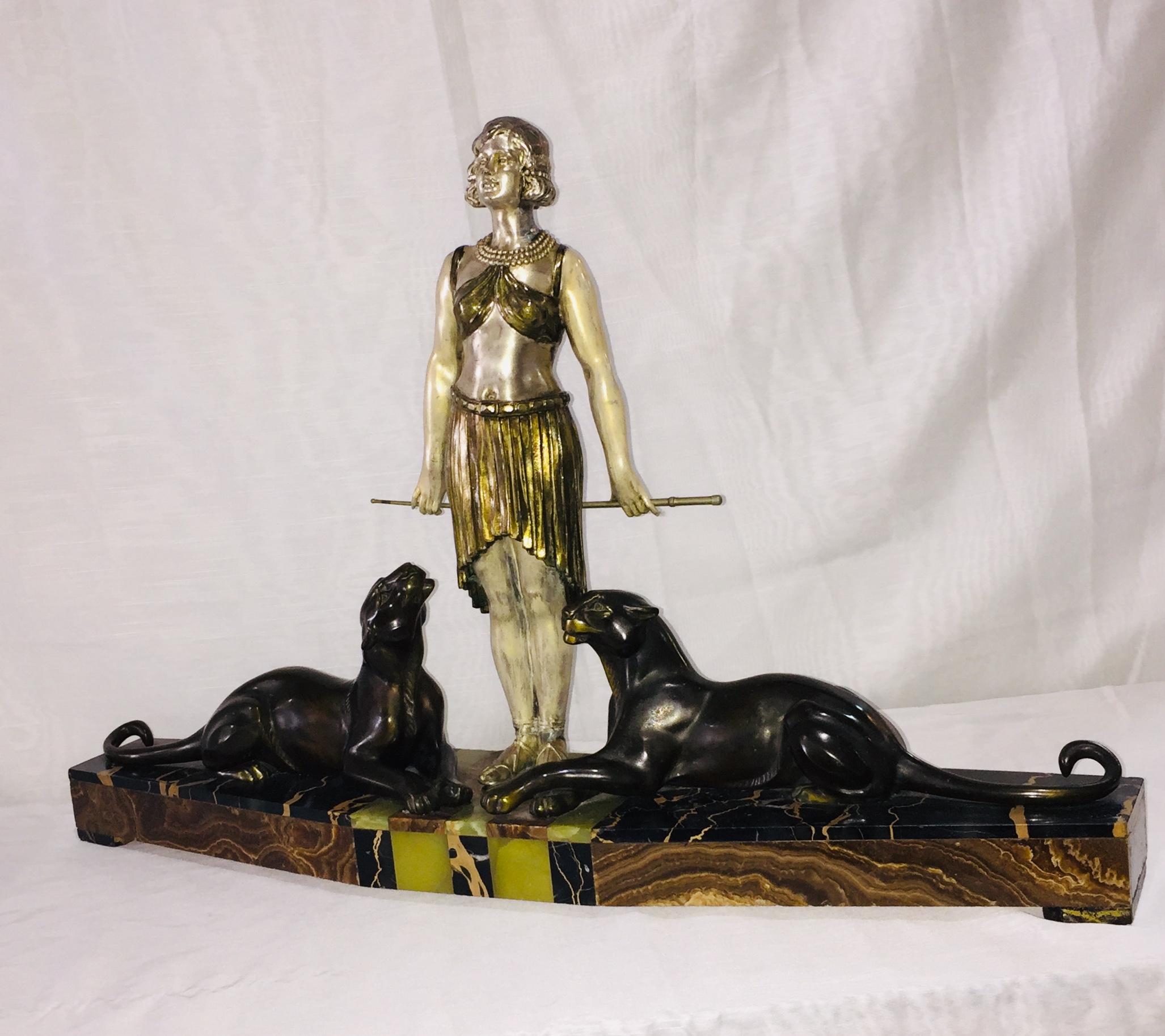 Bronze, Metal, Marble French Art Deco Sculpture Tamer of Panthers Signed Carvin 9