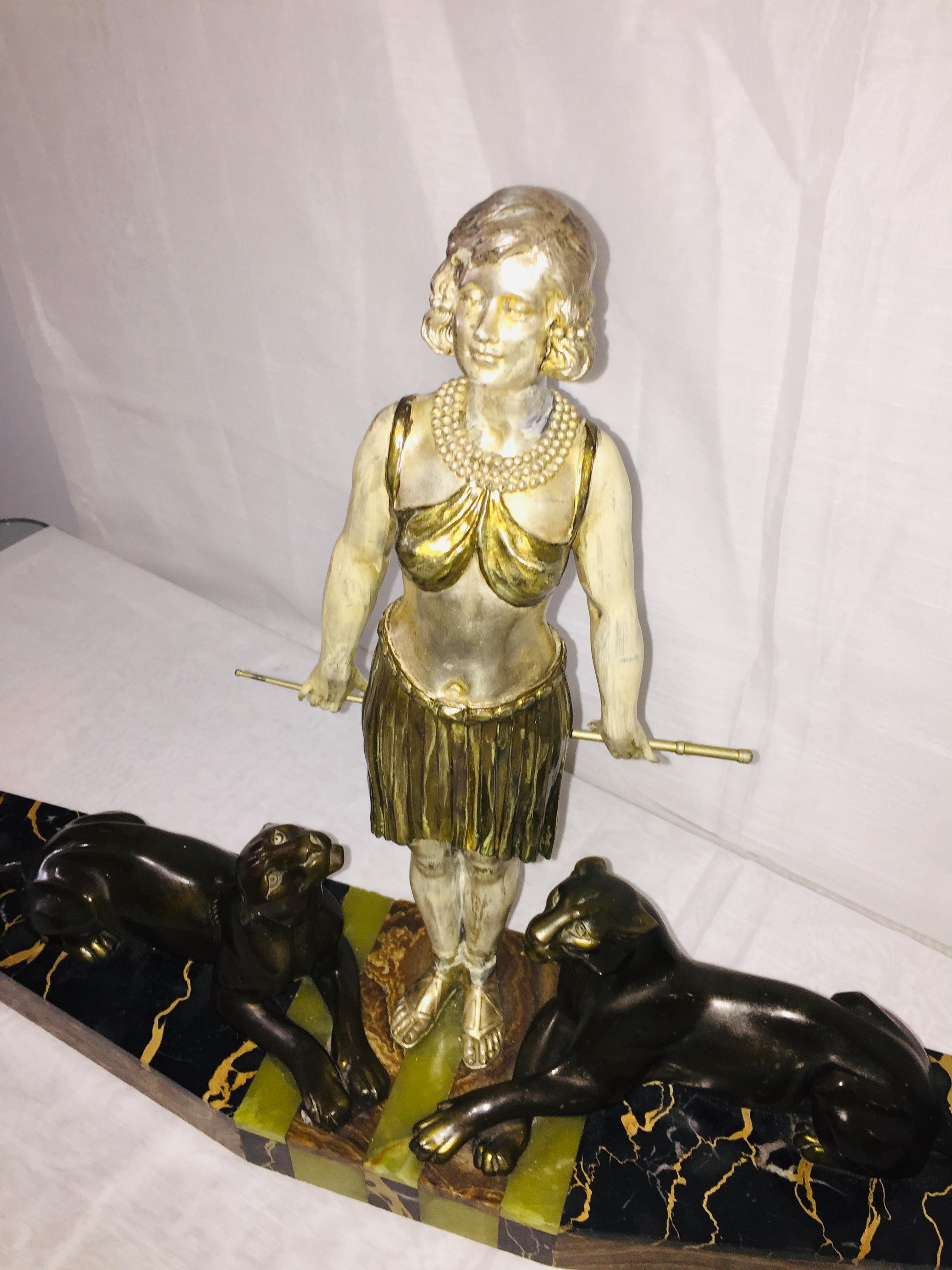 Bronze, Metal, Marble French Art Deco Sculpture Tamer of Panthers Signed Carvin In Good Condition In Miami, FL