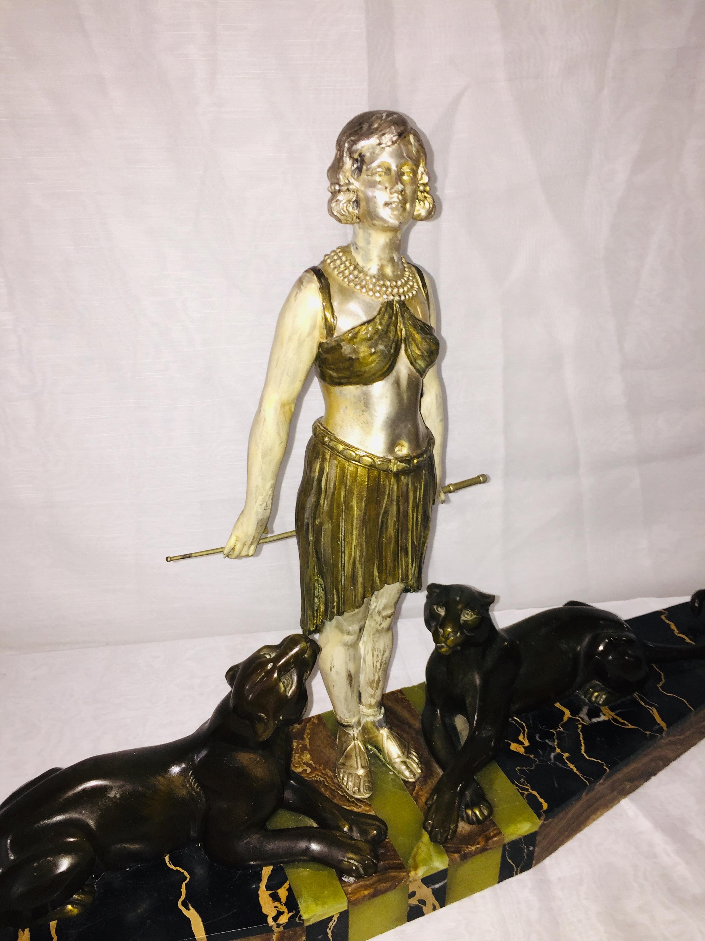 20th Century Bronze, Metal, Marble French Art Deco Sculpture Tamer of Panthers Signed Carvin