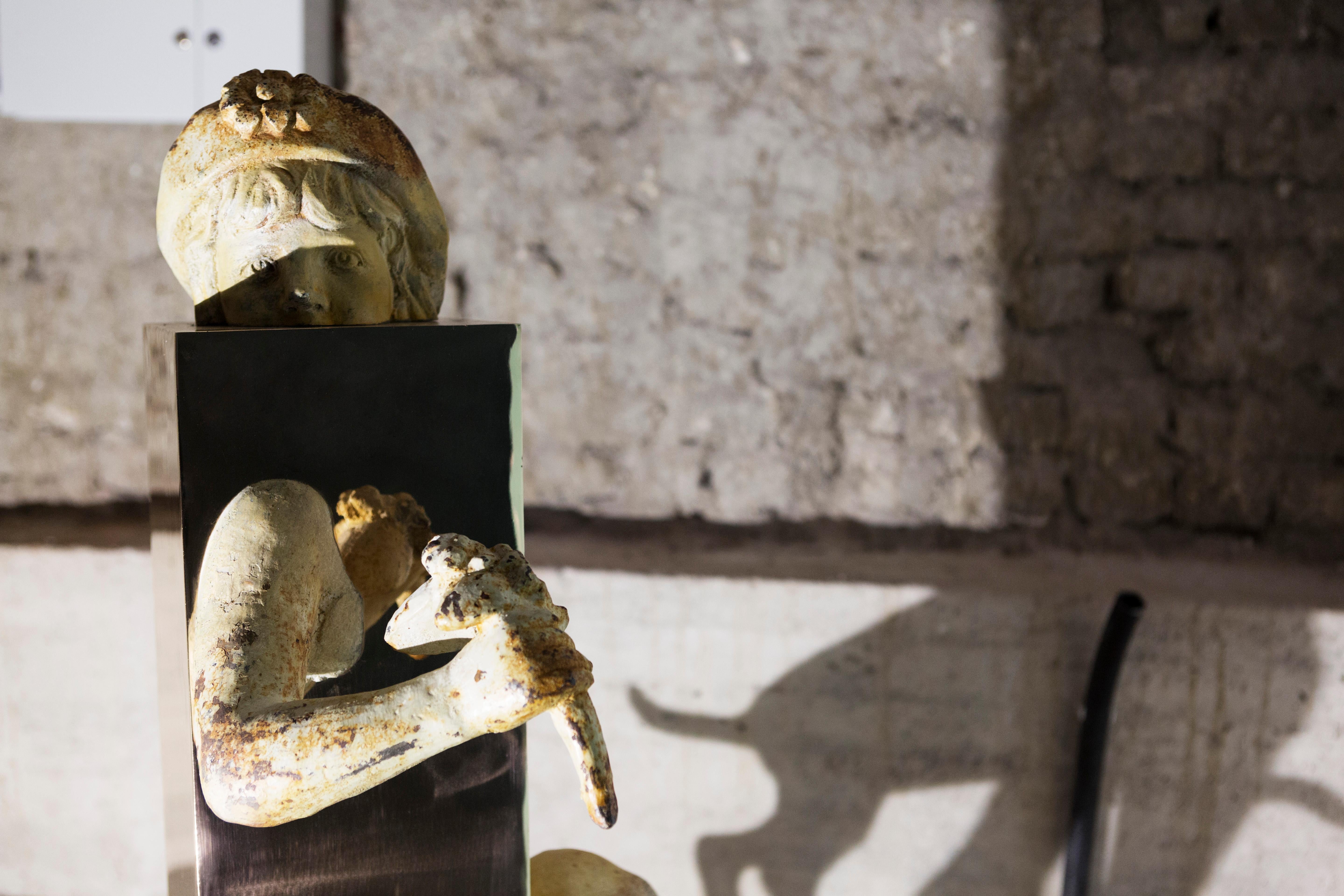 Contemporary Bronze on vintage sculpture (girl with a dog) from Nucleus' Boolean series For Sale