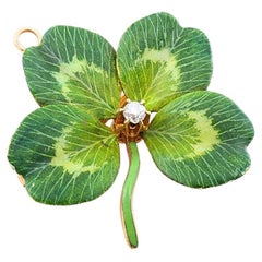 Brooch/Pendant 14k Gold Diamond Enamel Clover