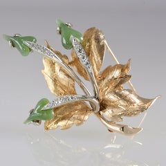 Brooch 14k Yg Leaf Shaped Jade Blossoms, Diamond Stems, Intricate Gold Carved