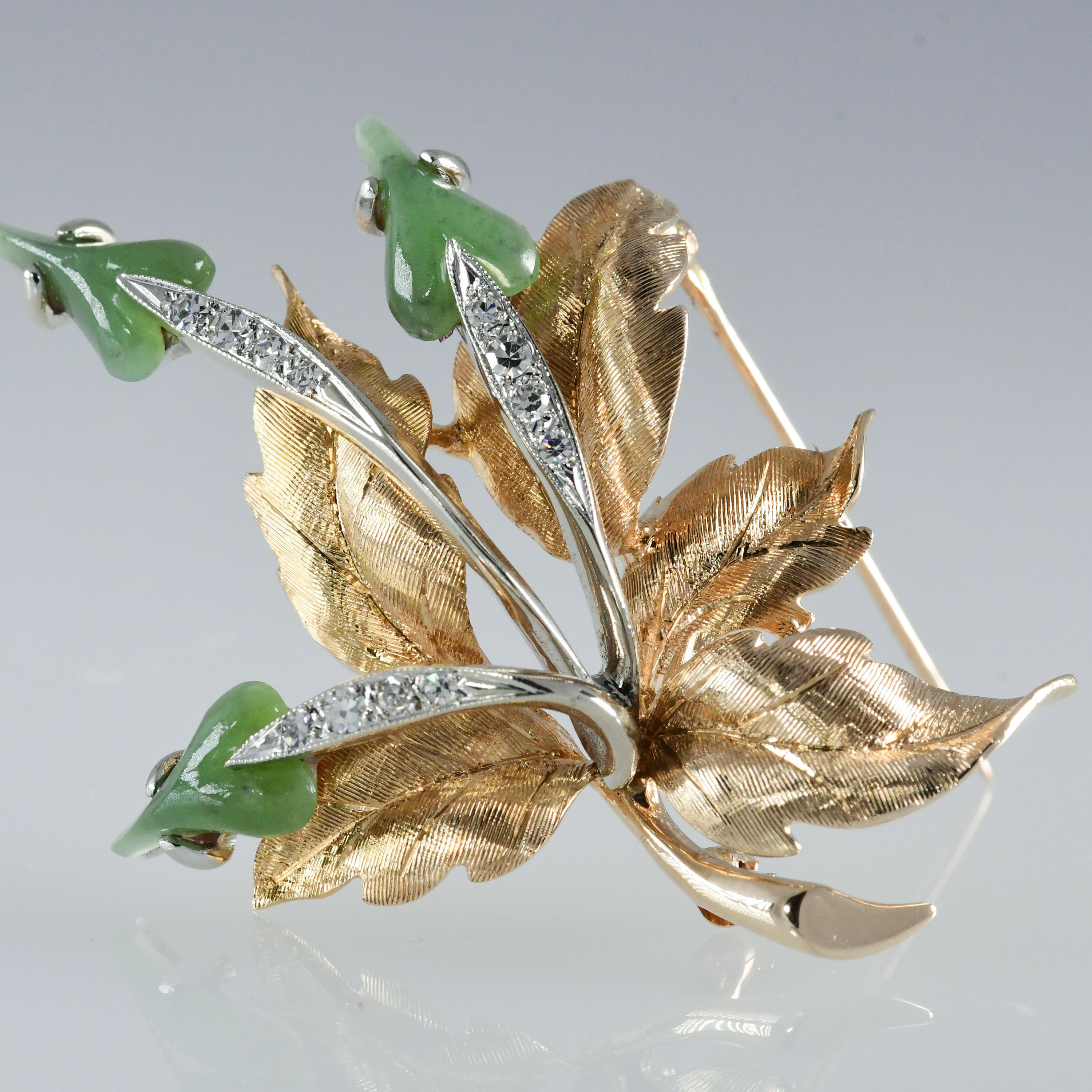 Contemporary Brooch 14k Yg Leaf Shaped Jade Blossoms, Diamond Stems, Intricate Gold Carved For Sale