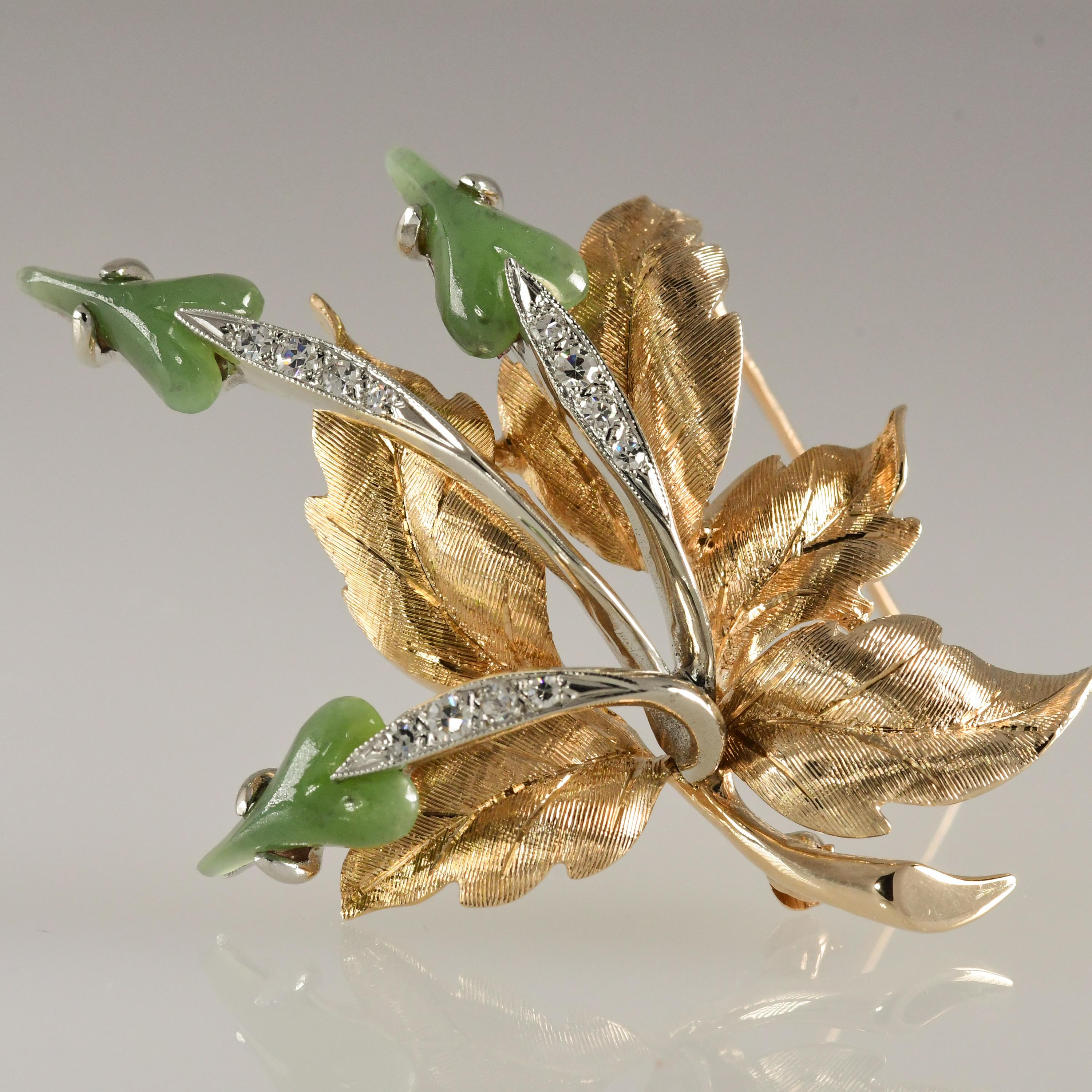 Cabochon Brooch 14k Yg Leaf Shaped Jade Blossoms, Diamond Stems, Intricate Gold Carved For Sale