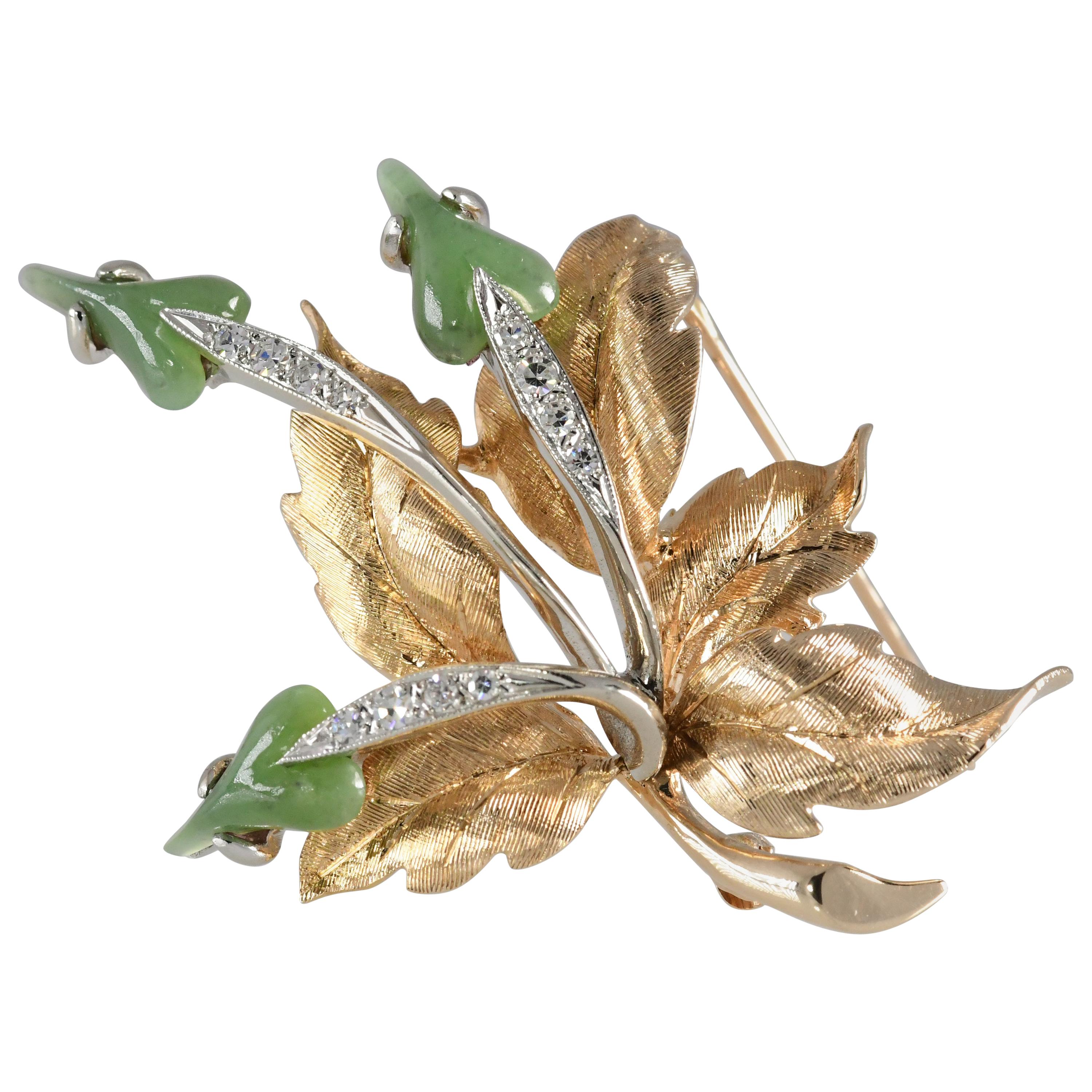 Brooch 14k Yg Leaf Shaped Jade Blossoms, Diamond Stems, Intricate Gold Carved For Sale