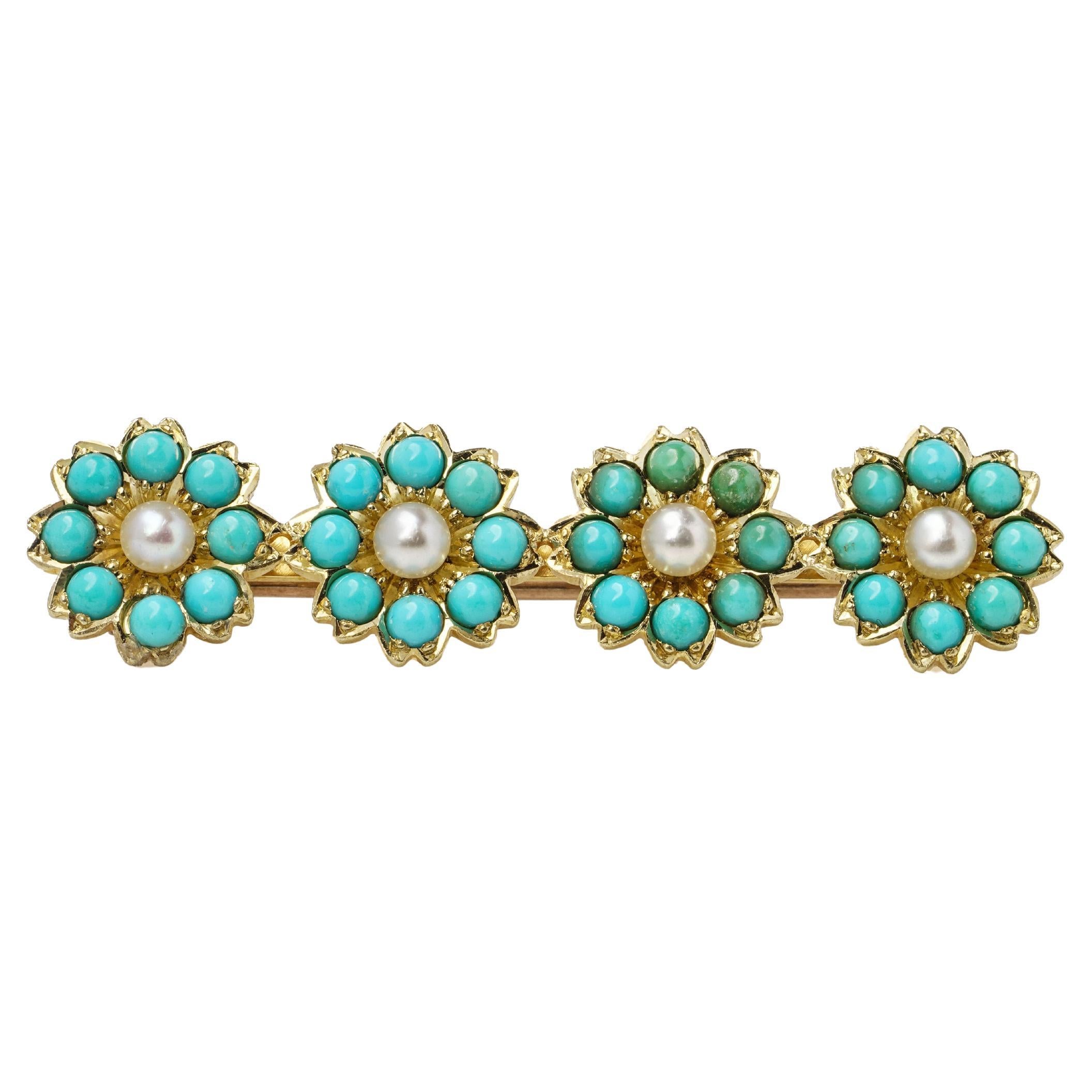 Brooch 18kt gold turquoise and pearl brooch