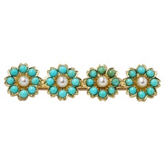 Brooch 18kt gold turquoise and pearl brooch
