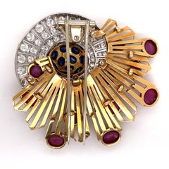 Brooch-1940s Sunburst Spray Brooch 50g 18k Gold 18.00 Ct Cabochon Ruby Plaque.