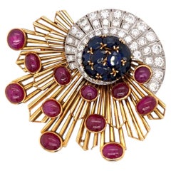Brooch-1940s Sunburst Spray Brooch 50g 18k Gold 18.00 Ct Cabochon Ruby Plaque.