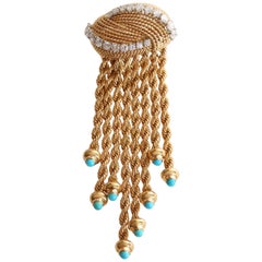 Brooch 1950s in 18 Karat Yellow Gold Braided Gold Wire, Diamonds and Turquoises