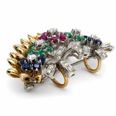 Brooch - 1960's Floral Bouquet Pin-Pendant Ruby, Sapphire, Emerald & Diamond