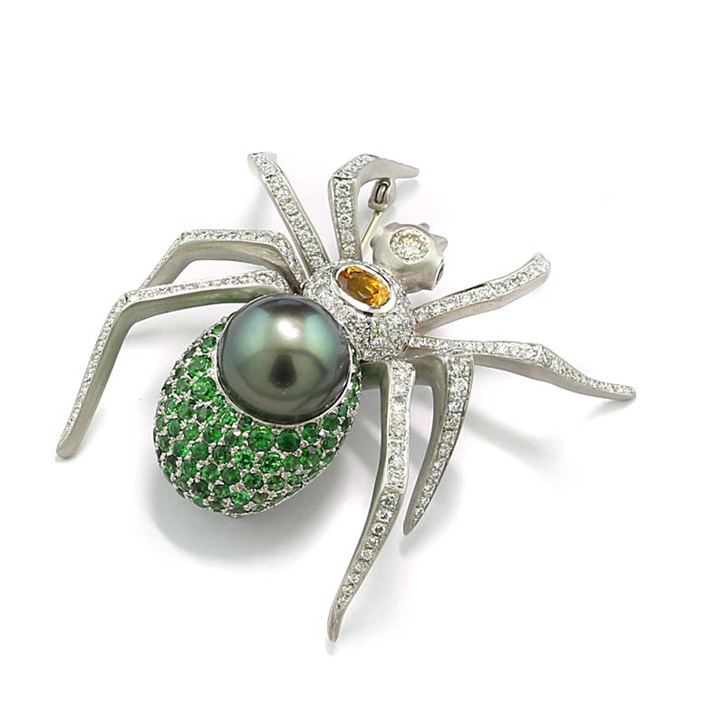 Contemporary Brooch 950-Platinum 80 grams Tahitian Pearl Sapphire Diamond Tsavorite 11.34 ct For Sale