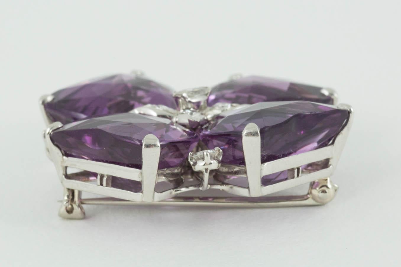 Marquise Cut Four Leaf Clover Brooch in Platinum with Amethysts & Diamonds, USA circa 1950 For Sale