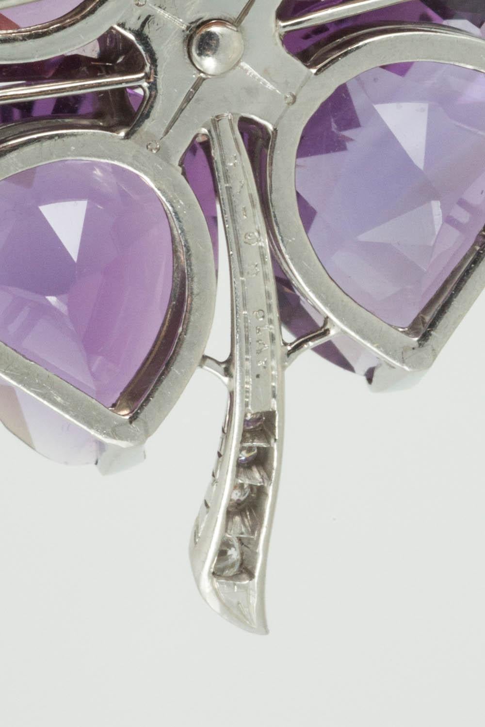 Women's Four Leaf Clover Brooch in Platinum with Amethysts & Diamonds, USA circa 1950 For Sale