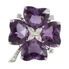 Four Leaf Clover Brooch in Platinum with Amethysts & Diamonds, USA circa 1950