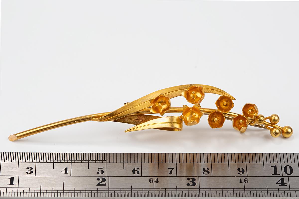 Lilly of the Valley Spray  Brooch in 15 Carat Gold, English circa 1890 For Sale 1