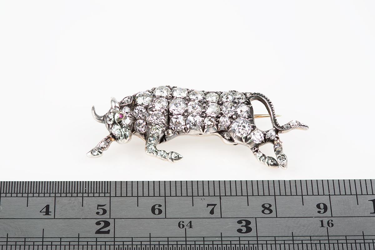 Raging Bull Brooch, Diamond set in Gold & Silver with Ruby, English circa 1870 In Good Condition For Sale In London, GB