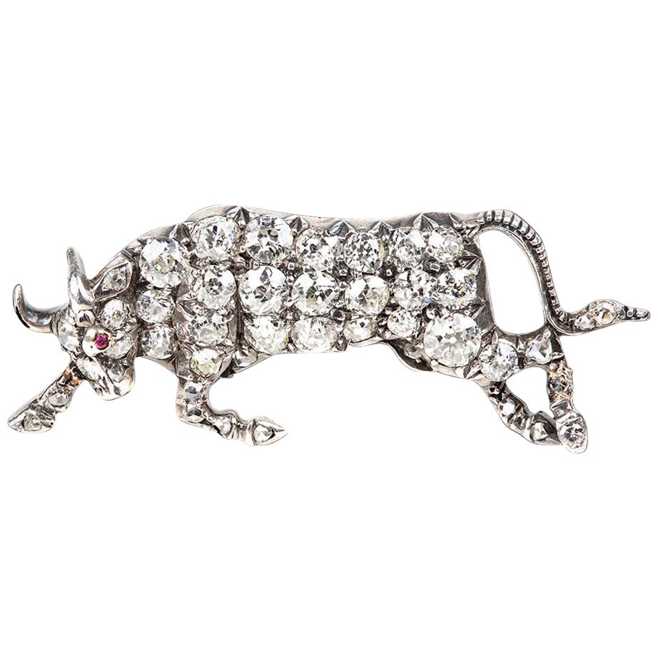 Raging Bull Brooch, Diamond set in Gold & Silver with Ruby, English circa 1870 For Sale