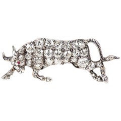 Raging Bull Brooch, Diamond set in Gold & Silver with Ruby, English circa 1870