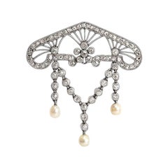 Art Nouveau Openwork Brooch with Diamonds & Natural Pearls, English circa 1890