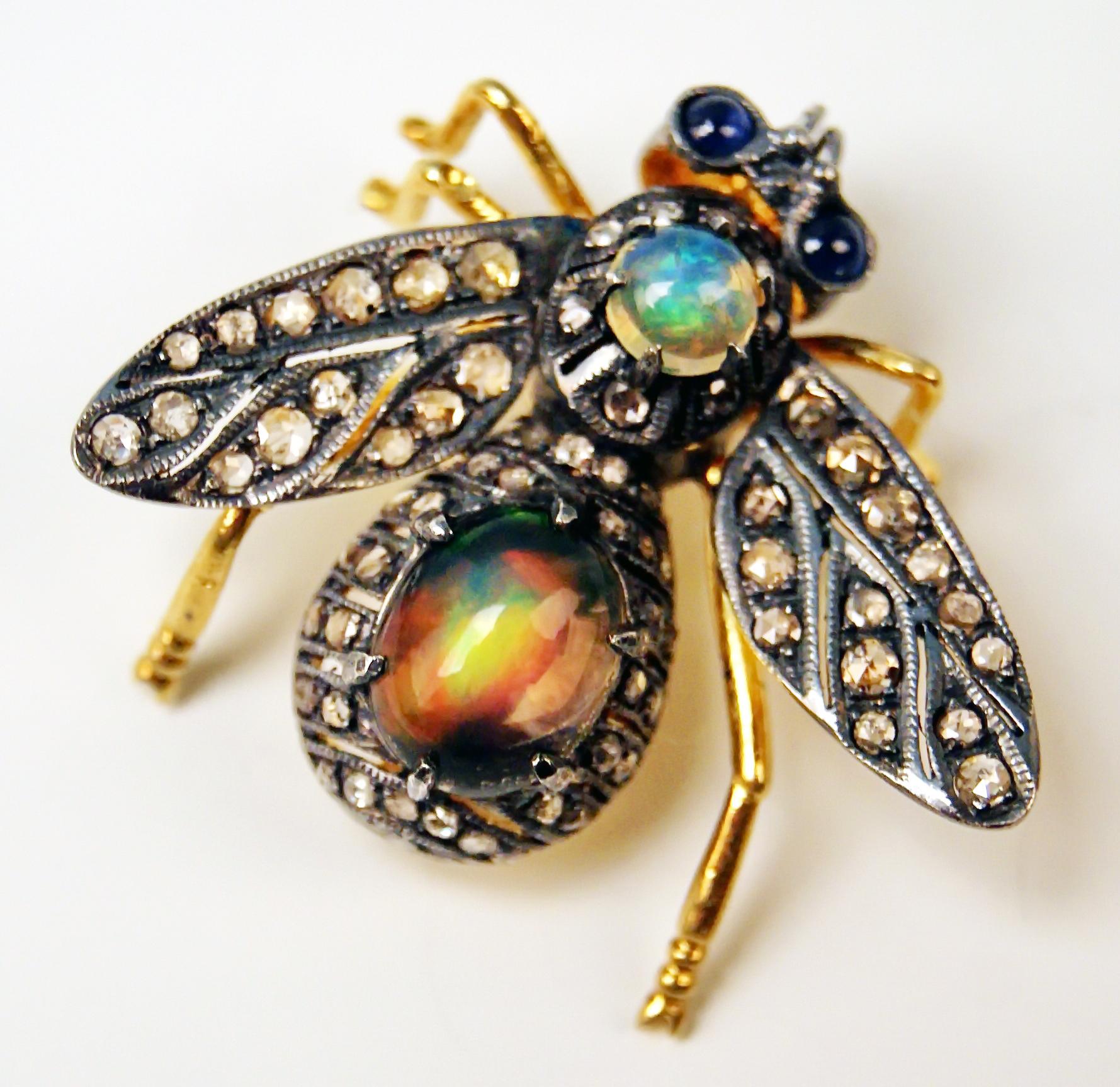 Old European Cut Brooch Bee Gold 585 Diamonds Two Opals Two Sapphires Vienna, circa 1900