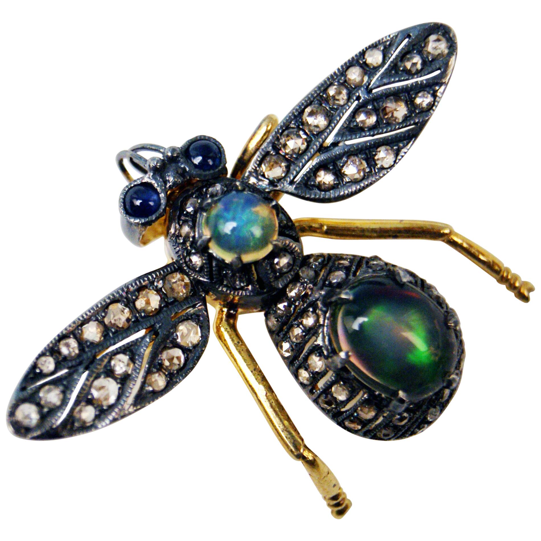 Brooch Bee Gold 585 Diamonds Two Opals Two Sapphires Vienna, circa 1900