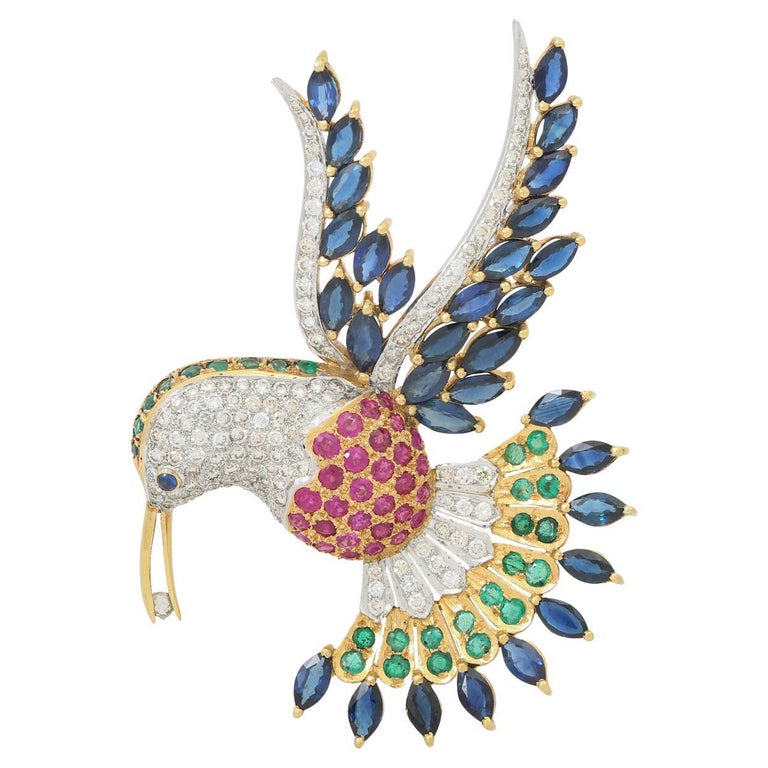 Brooch 'Bird' with Diamonds and Colored Gemstones For Sale at 1stDibs