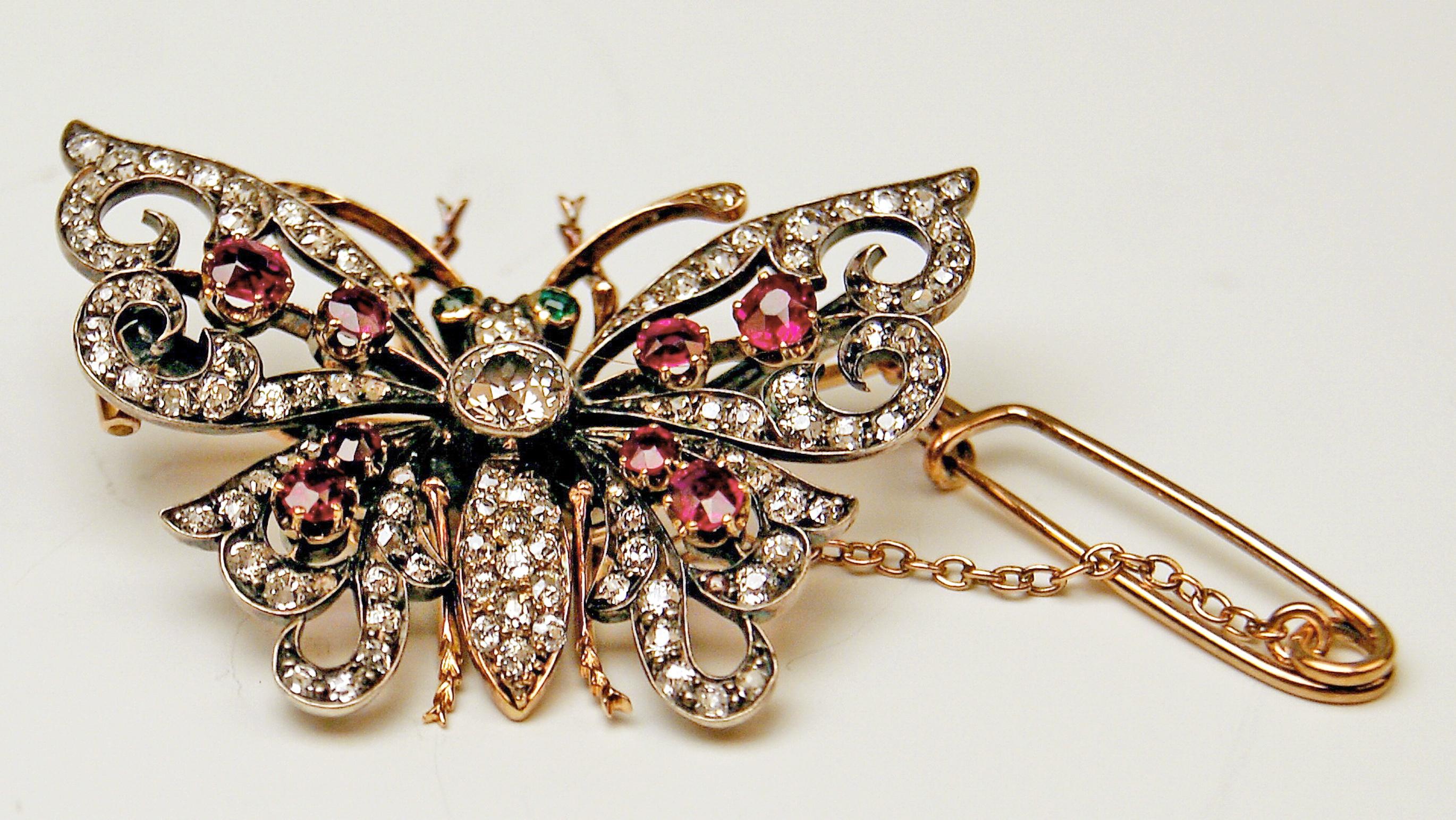 Finest Jewellery Piece made during Art Nouveau Period.
This rare piece is shaped as stunning butterfly, having the function of brooch:
It is is abundantly covered with diamonds, rubies and emeralds /  the brooch has secure chain.
Please note:
The