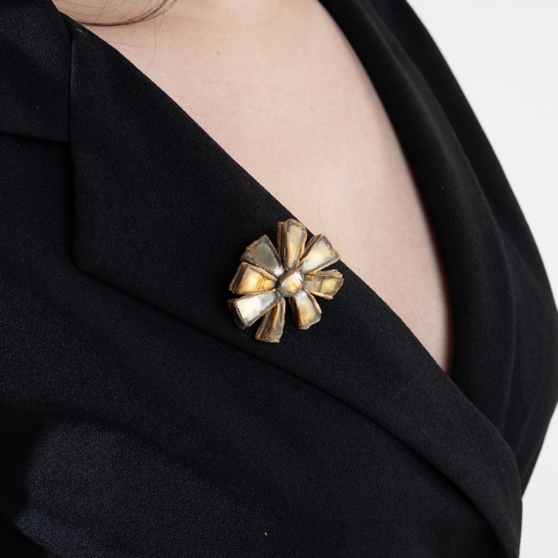 Mid-Century Modern Brooch by Line Vautrin, Beige Talosel Encrusted with Gold Mirrors