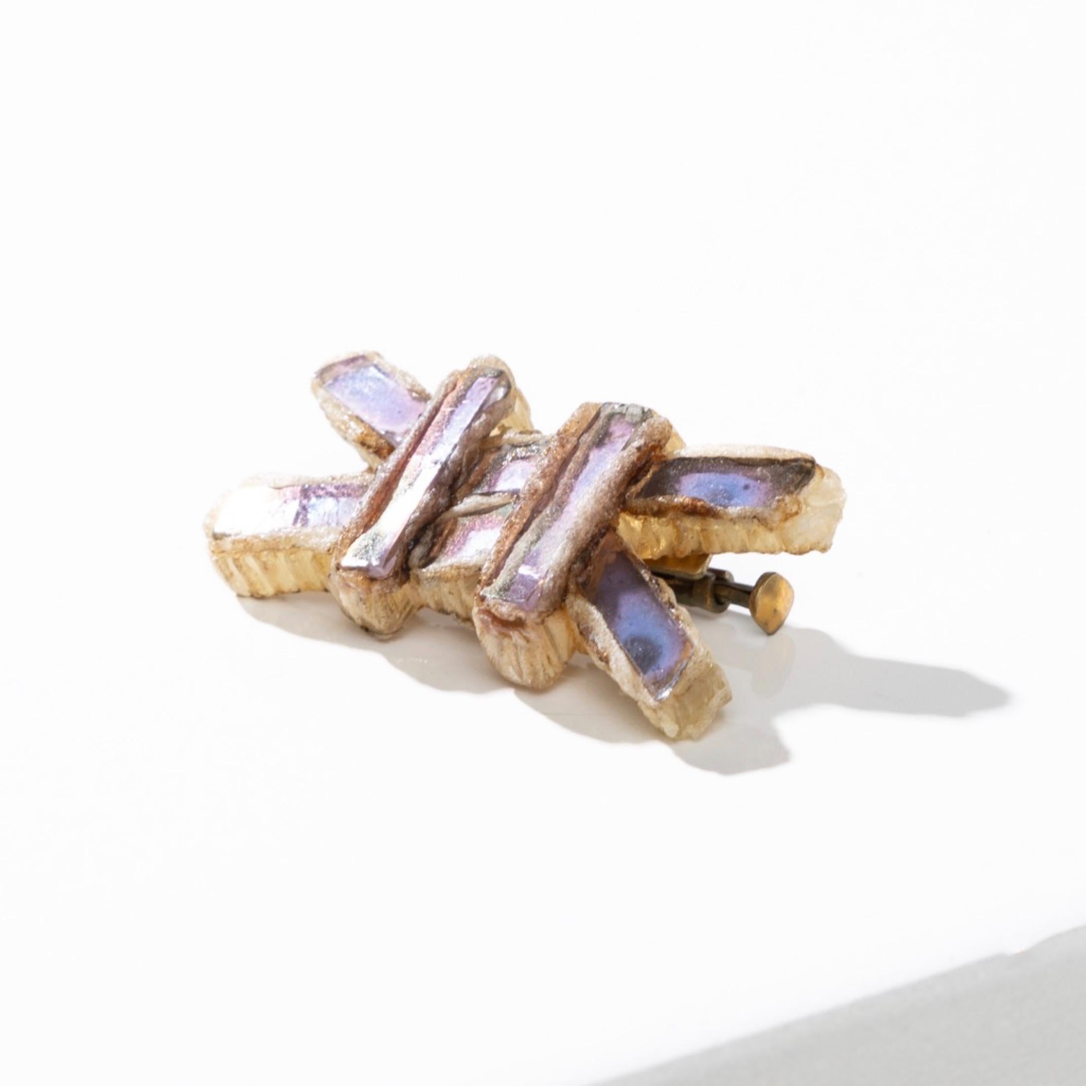 Brooch by Line Vautrin, Beige Talosel Encrusted with Violetts Mirrors 1