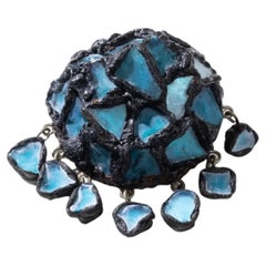 Brooch by Line Vautrin, Black Talosel Encrusted with Blue Mirrors