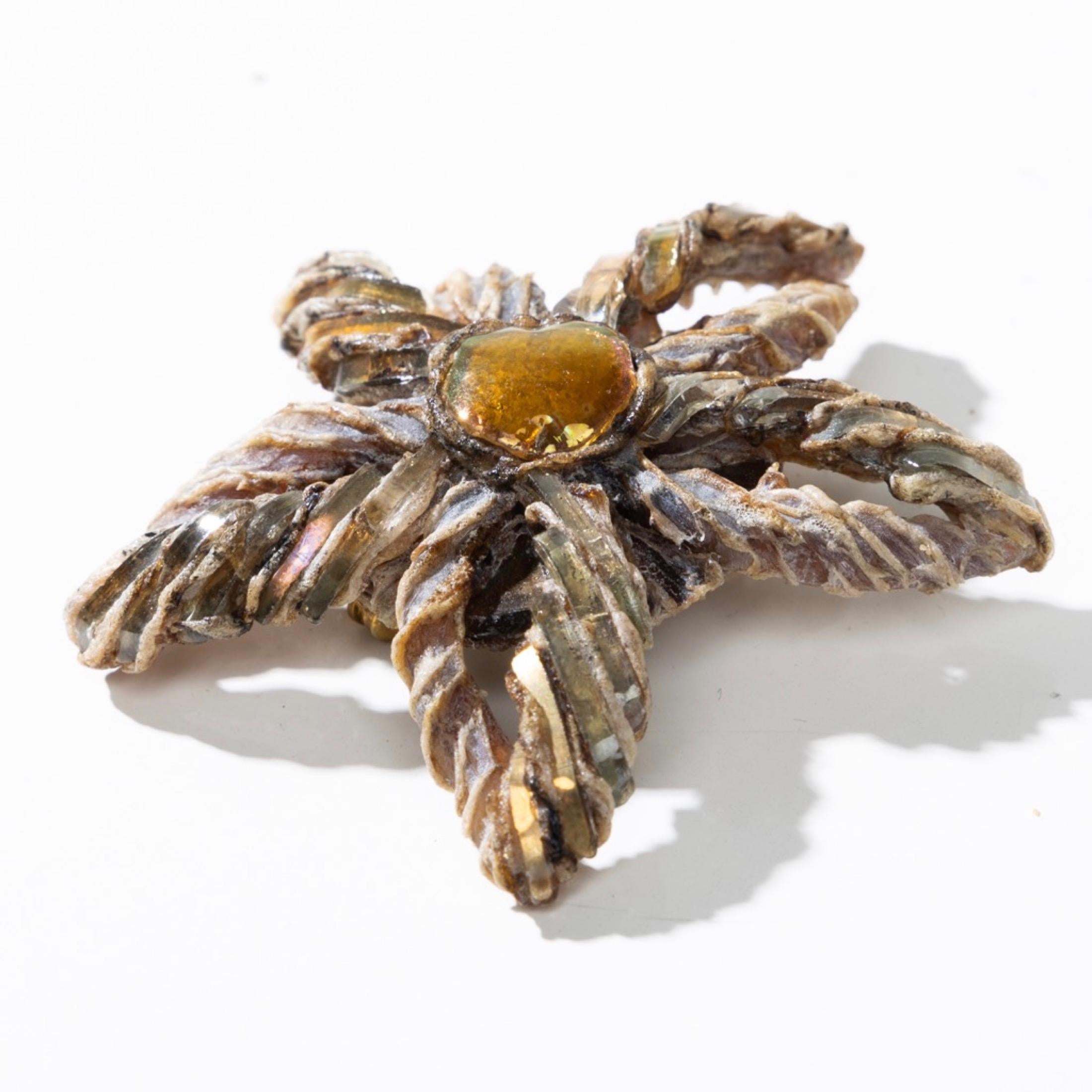 20th Century Brooch by Line Vautrin, Light Brown Talosel Encrusted with Gold Mirrors For Sale