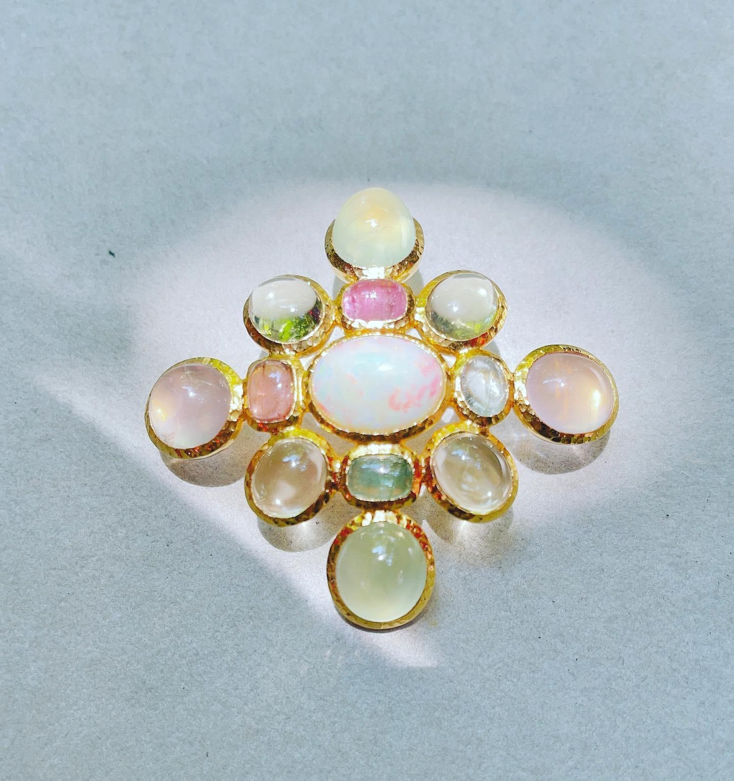 Byzantine Brooch “Capri” Multi Natural Gem Brooch Set in 22k Gold & Silver