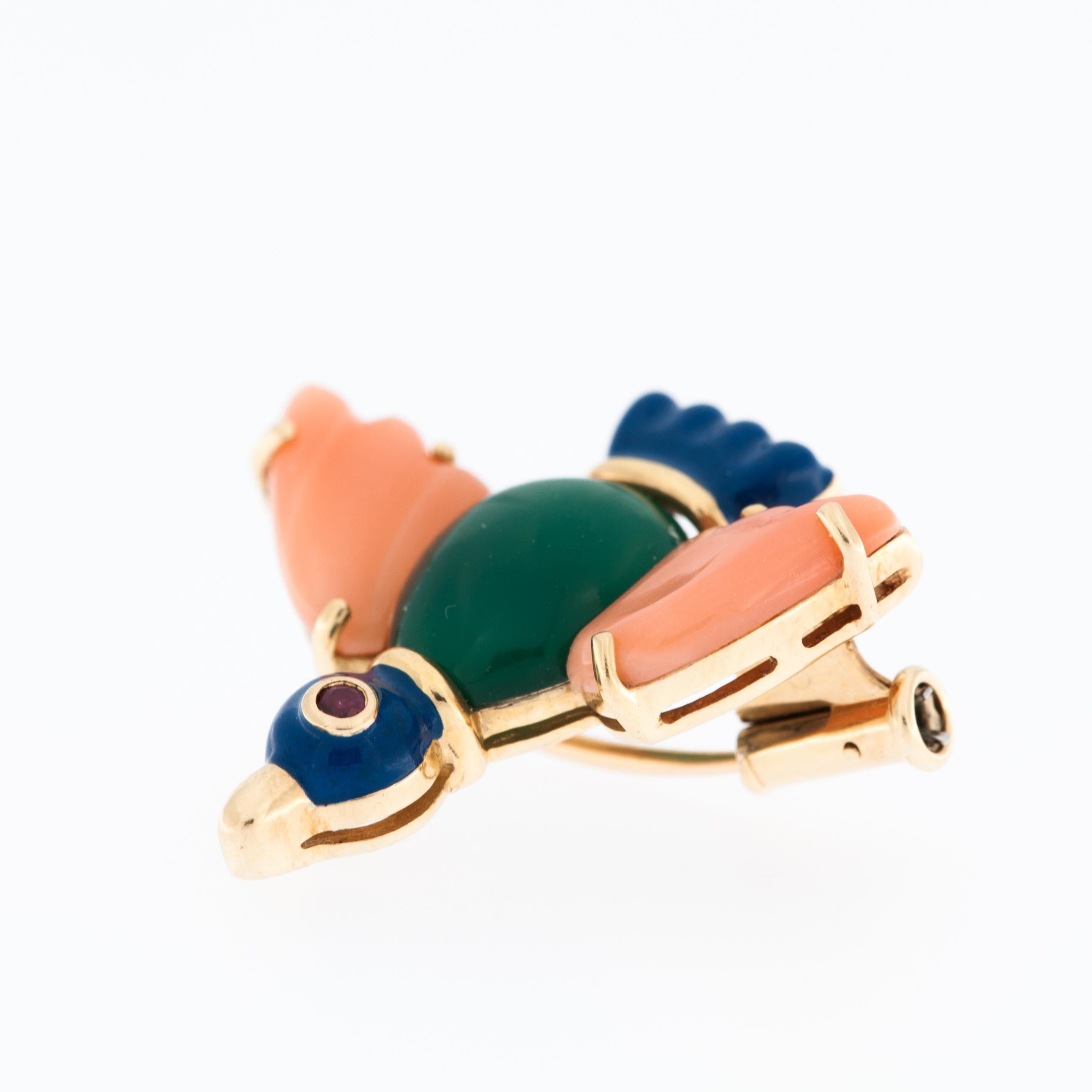 Women's or Men's Brooch CARTIER Bird, Yellow Gold, Rose Coral, Chrysoprase, Ruby, Blue Enamel For Sale