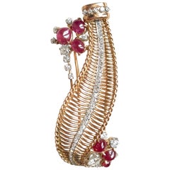 Vintage Brooch circa 1950 Yellow Gold 18 Carat Ruby Cabochons and Diamonds