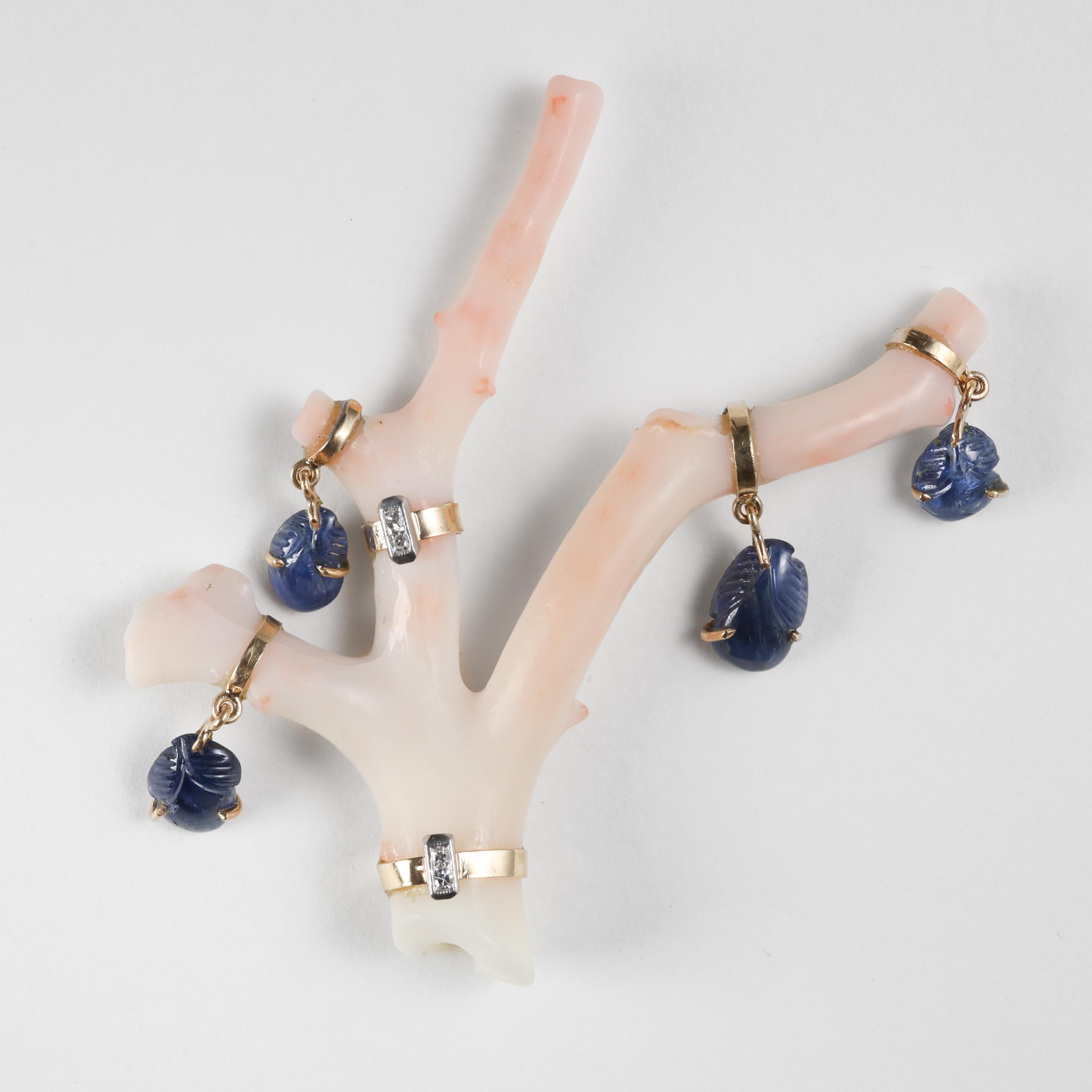 Art Nouveau Brooch Coral Branch & Carved Sapphires with Diamonds, Circa 1910 For Sale