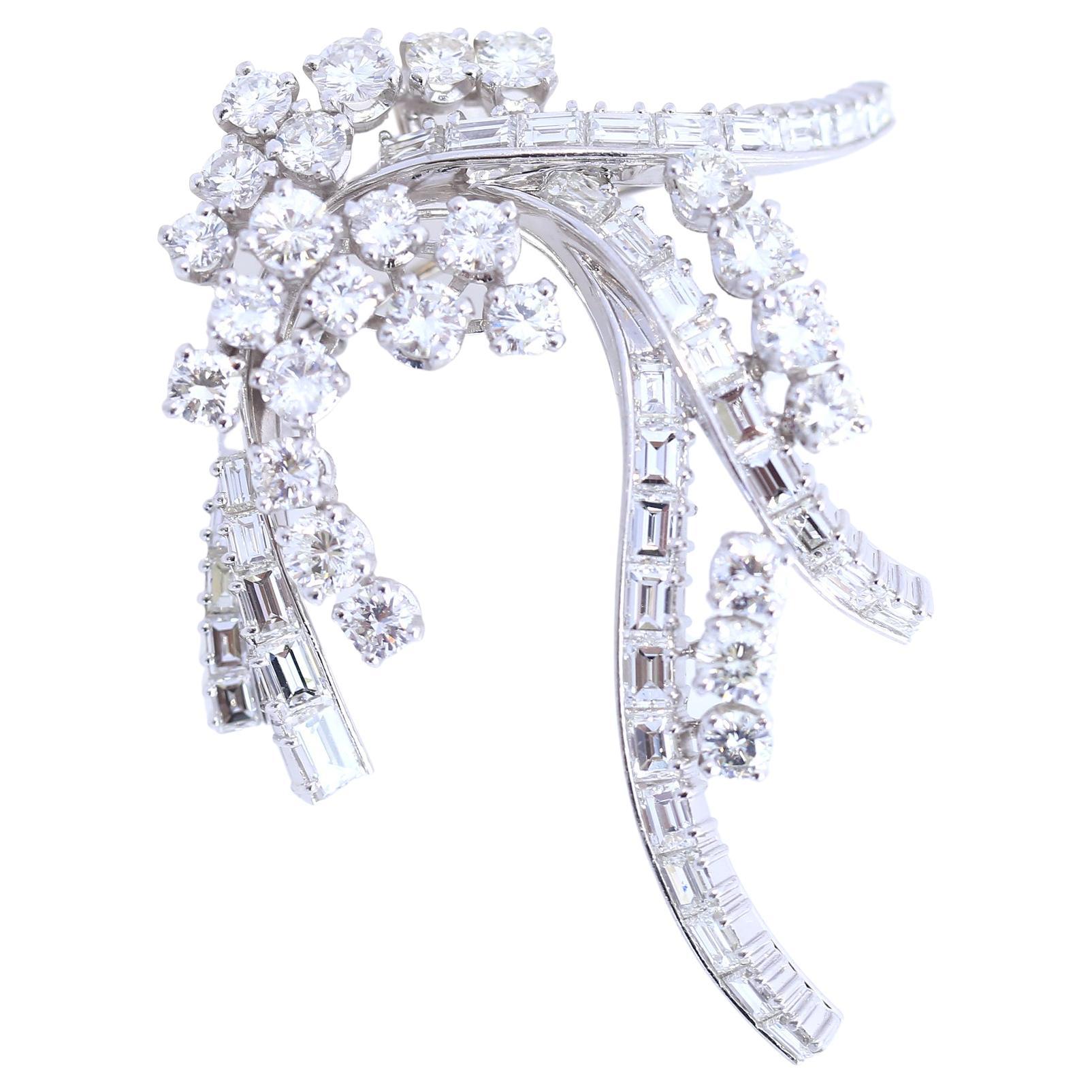 Round Cut Brooch Diamonds Baguette Round Pendant Pin 18k White Gold, 1970 For Sale