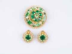 Brooch & Earrings Set in Emerald Green, 3 Pieces
