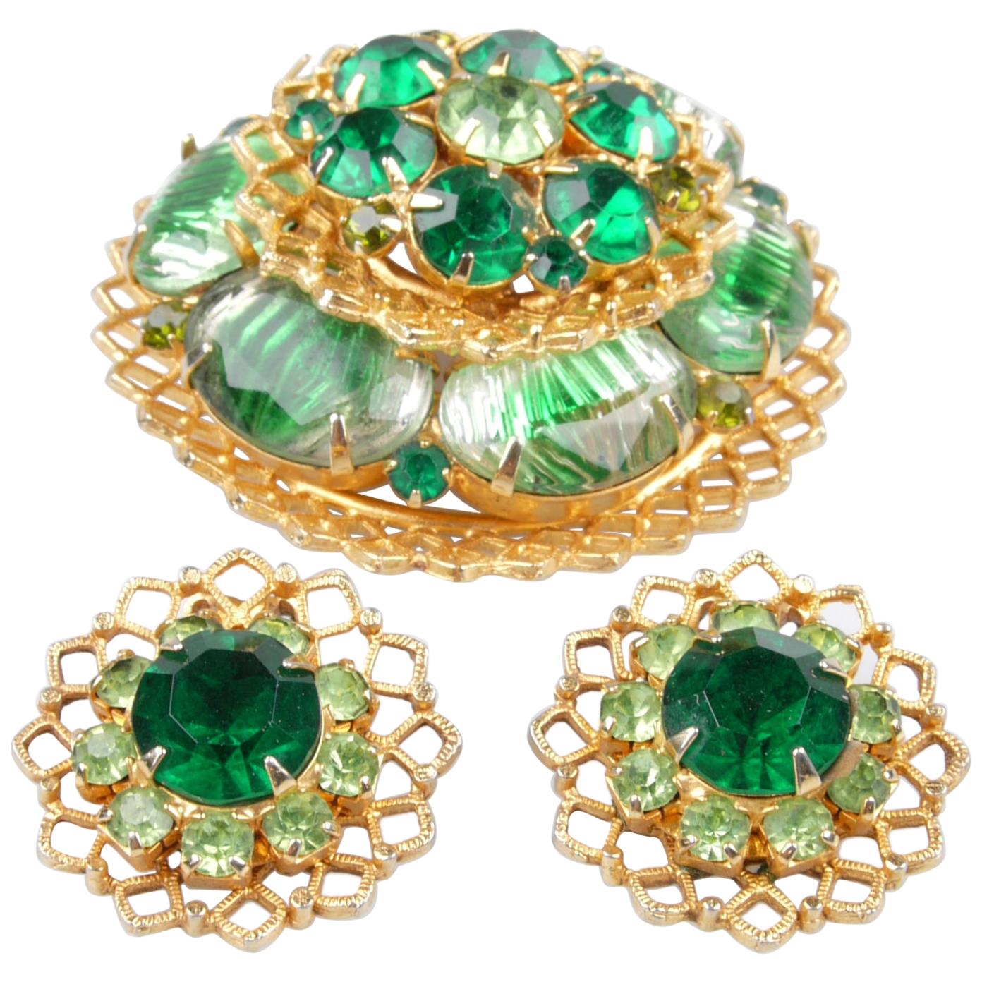 Brooch & Earrings Set in Emerald Green, 3 Pieces